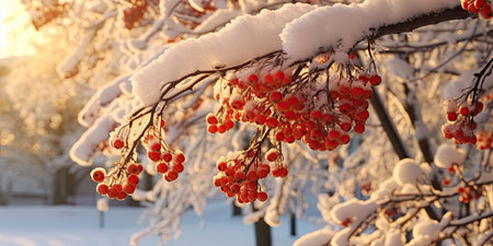 A bunch of mountain ash in winter on the snow. Winter photography. Generative AIの素材