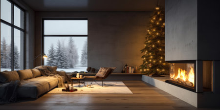 Fireplace in modern living room. New Year's interior. Neutral colors. minimalism. High quality photo. Generative AIの素材