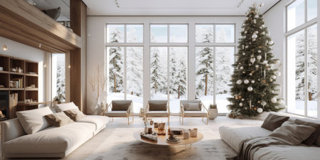 Fireplace in modern living room. New Years interior. Neutral colors. Minimalism. Generative AIの素材