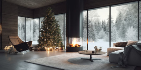 Fireplace in modern living room. New Years interior. Neutral colors. Minimalism. Generative AIの素材