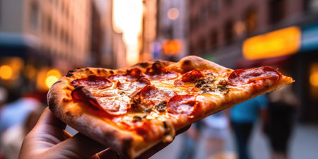 a piece of pizza close-up in the hand on the background of the city. Generative AIの素材
