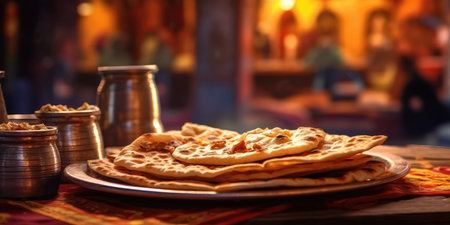 Appetizing Indian Chapati, in a restaurant. Indian national dish. Generative AIの素材