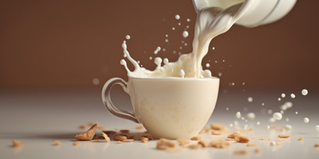 Cup of coffee with milk on the table close-up. Splashes of coffee and milk. Generative AIの素材