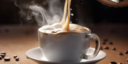 Cup of coffee with milk on the table close-up. Splashes of coffee and milk. Generative AIの素材