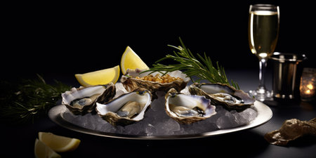 Oysters in a restaurant close-up of a dish. Exquisite oysters. Generative AIの素材