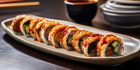 Delicious Kimbap dish in Korean restaurant. Generative AIの素材