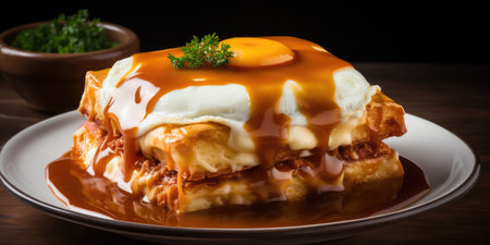 National dish of Portugal, francesinha. Dish close-up. High quality photo. Generative AIの素材