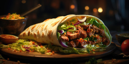 Delicious appetizing shawarma. Dish close-up. High quality photo. Generative AI.の素材