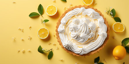 Lemon pie on a dark background. Appetizing pie close-up. Lemons. Generative AIの素材