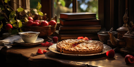 Fruit pie. Appetizing pie close-up. Sweets. Generative AIの素材