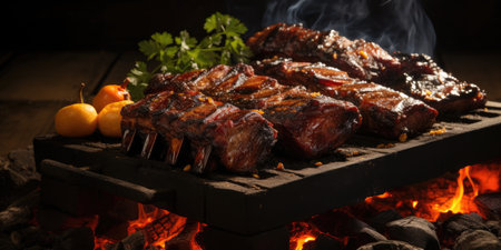 Delicious appetizing food. Dish close-up. Meat, potatoes, grill. Generative AIの素材