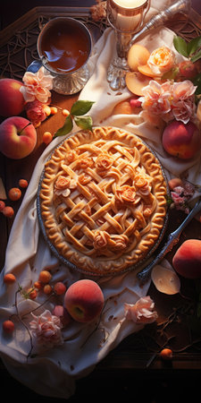 Peach pie. Appetizing pie close-up. apples, fruits. Generative AIの素材