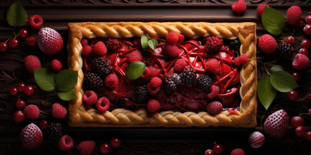Raspberry pie. Appetizing pie close-up. Cowberry. Blueberry. Generative AIの素材