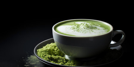 Fragrant matcha tea on the table. Generative AIの素材