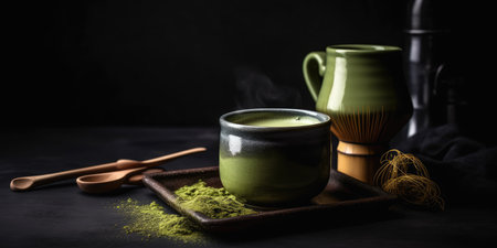 Fragrant matcha tea on the table. Generative AIの素材