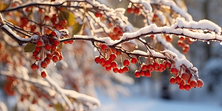 A bunch of mountain ash in winter on the snow. Winter photography. Generative AIの素材
