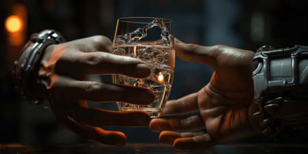 The robot is holding a glass of water. Cyborg. Modern technologies. Generative AIの素材