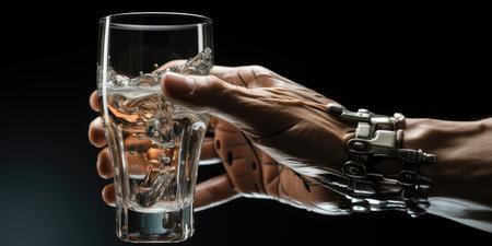 The robot is holding a glass of water. Cyborg. Modern technologies. Generative AIの素材