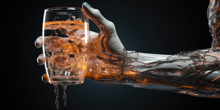 The robot is holding a glass of water. Cyborg. Modern technologies. Generative AIの素材