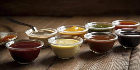 Lots of sauces close up. Tomato, cheese and spicy sauce. Generative AIの素材