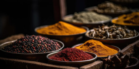 Indian spices close up. Pepper, turmeric thyme paprika cumin. Generative AIの素材