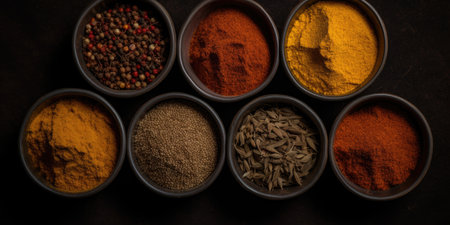 Indian spices close up. Pepper, turmeric thyme paprika cumin. Generative AIの素材