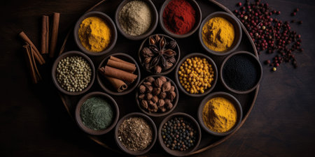 Indian spices close up. Pepper, turmeric thyme paprika cumin. Generative AIの素材