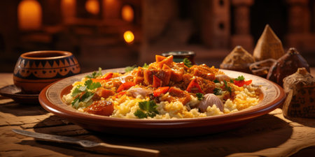 The national dish of Saudi Arabia, the kasbah. Dish close-up. Generative AIの素材