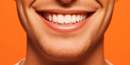 beautiful smile with white even teeth on a bright background, dental treatment. High quality photo. Generative AIの素材