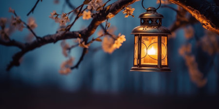 vintage lantern on a tree. High quality photo. Generative AIの素材