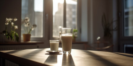 A glass of milk is on the table. High quality photo. Generative AIの素材