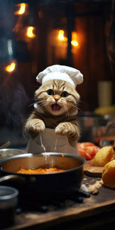 Funny cat prepare food in the kitchen. High quality photo.の素材
