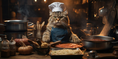 Funny cat prepare food in the kitchen. Generative AI. High quality photo.の素材