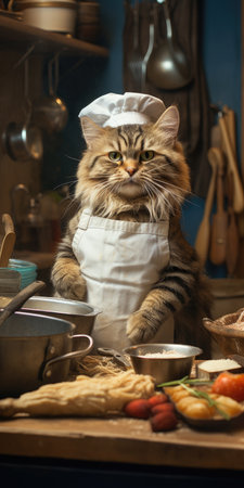Funny cat prepare food in the kitchen. Generative AI. High quality photo.の素材