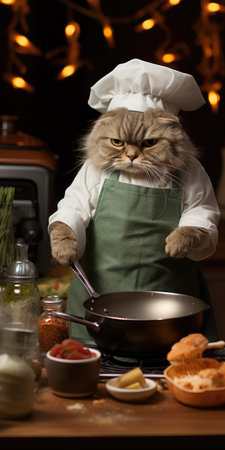 Funny cat prepare food in the kitchen. Generative AI. High quality photo.の素材