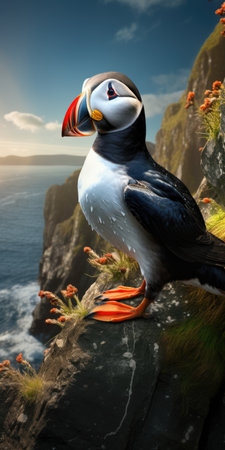 Photo of puffin, sea bird. Wild atlantic puffin seabird in the auk family. Generative AIの素材