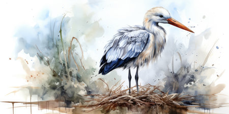 Drawing of a stork on a white background in watercolor. High quality photo. Generative AIの素材