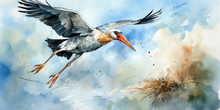 Drawing of a stork on a white background in watercolor. High quality photo. Generative AIの素材