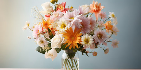 Bouquet of beautiful different flowers in a vase. High quality photo. Generative AIの素材