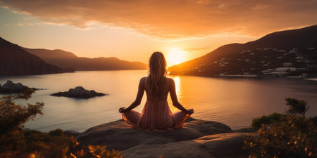 a girl is doing yoga near the water at sunset. High quality photo. Generative AIの素材