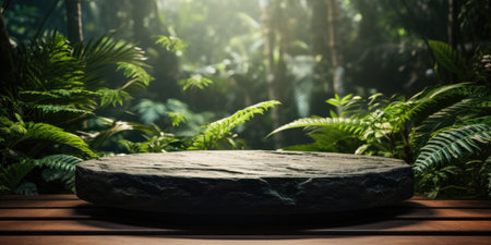 Natural stone concrete podium on natural green background for product presentation. Generative AIの素材