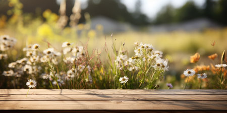 Natural background of daisies place for your products. wooden table. Generative AIの素材