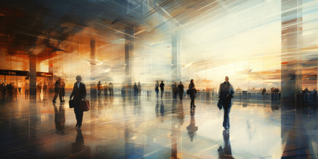 blur background of modern airport interior, sunset. Generative AIの素材