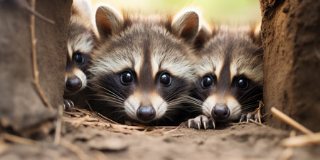 a lot of funny raccoons in the autumn forest. animal world. Generative AIの素材