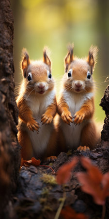 Two funny little squirrels in the autumn forest look at the camera. Generative AIの素材