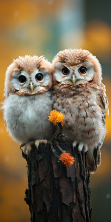 illustration Cute and funny owlets. Animal world, owls on a branch. Generative AIの素材