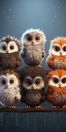 illustration Cute and funny owlets. Animal world, owls on a branch. Generative AIの素材