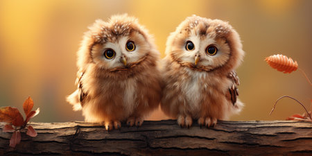 illustration Cute and funny owlets. Animal world, owls on a branch. Generative AIの素材