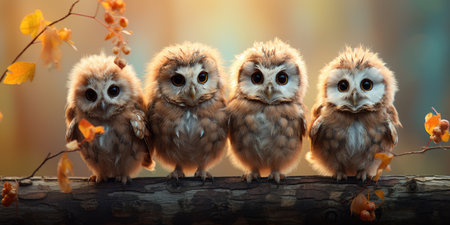 illustration Cute and funny owlets. Animal world, owls on a branch. Generative AIの素材