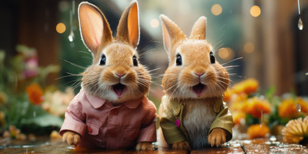 Cute and funny rabbits in clothes look into the camera lens. animal world. Generative AIの素材